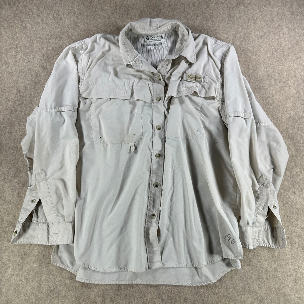 Columbia PFG Mens Fishing Shirt Long Sleeve Vented Button Up Beige Size Medium